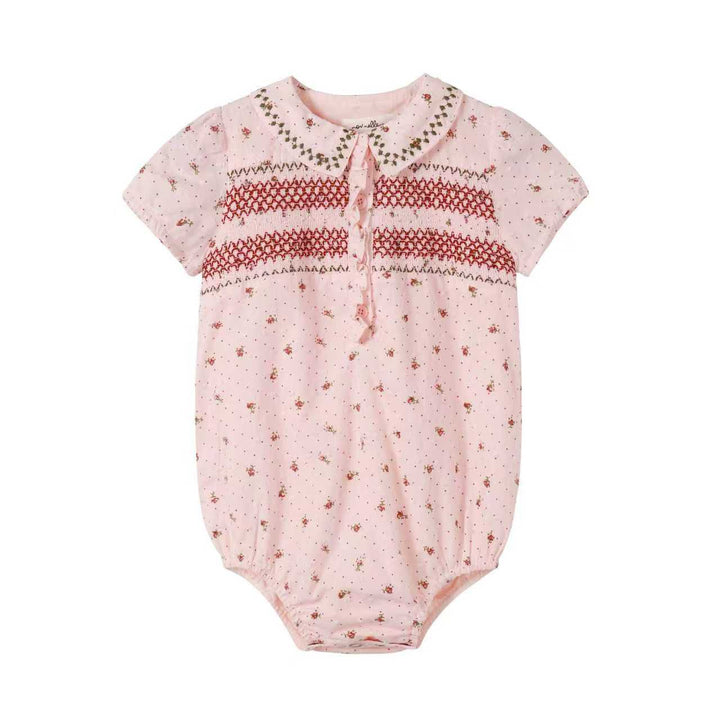 one piece smocked floral bubble romper - pink