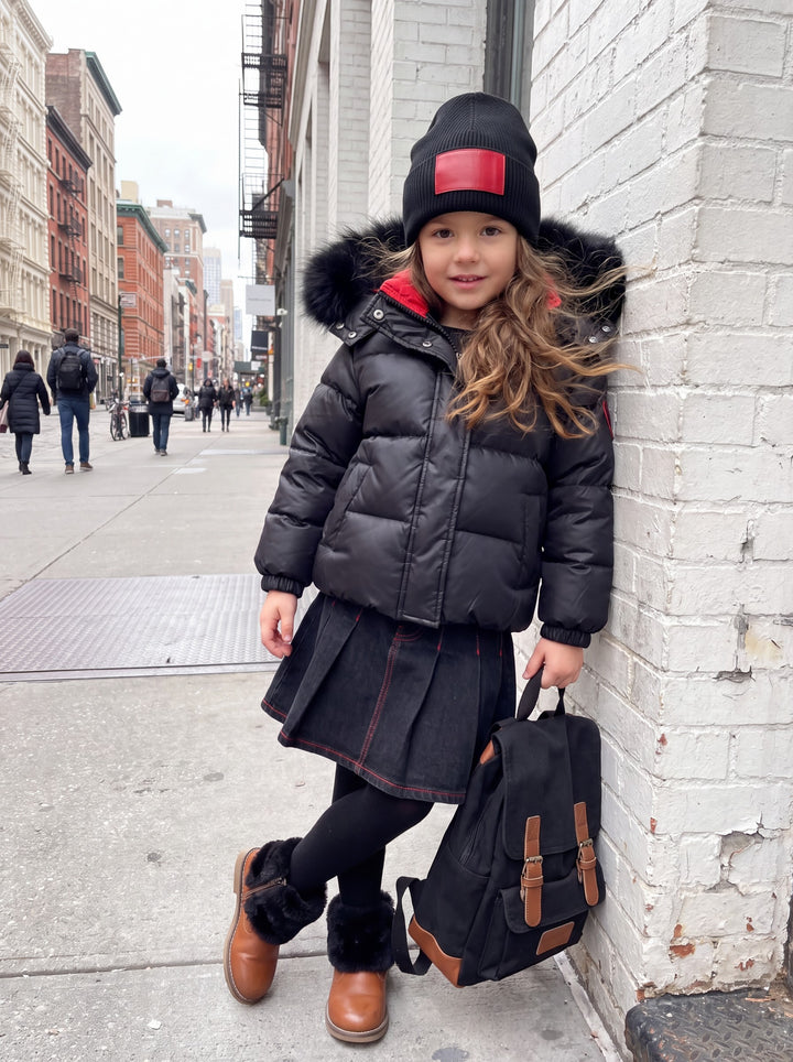 coat down padded heart applique with fur hood - black/red