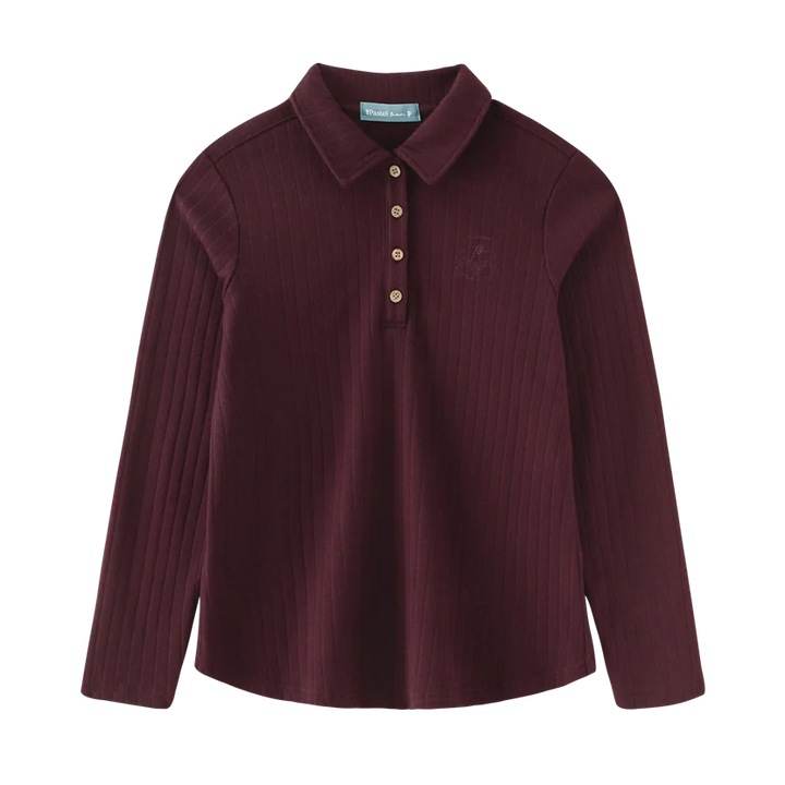 tee l/s ribbed button collar - burgundy