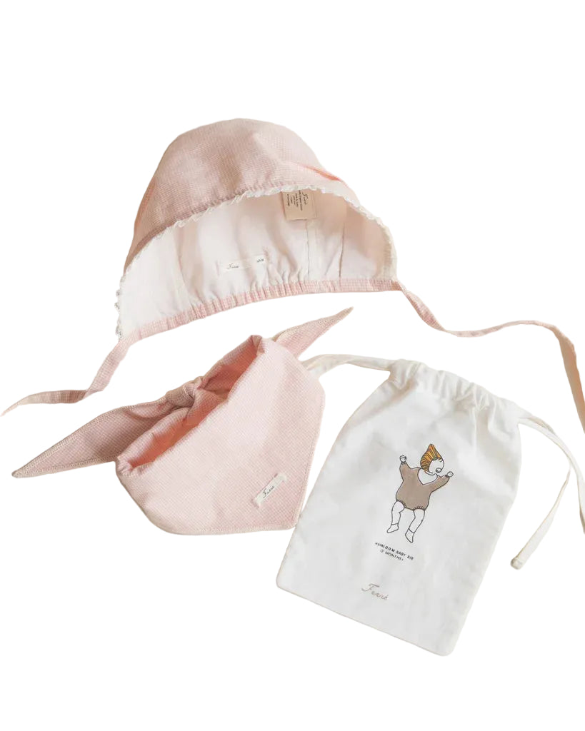 bonnet keepsake and bib set - pink gingham