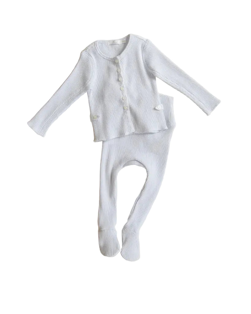 set knit ribbed slub cardigan and footie pants with beanie - barely blue