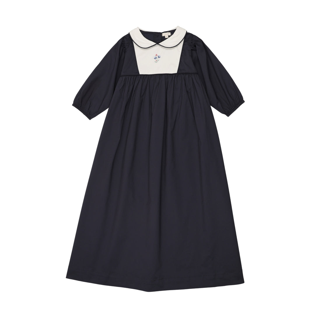 maxi dress 3/4 sleeve embroidered bib with collar - navy Lily and Todd maxi dress 3/4 sleeve embroidered bib with collar - navy Lily and Todd
