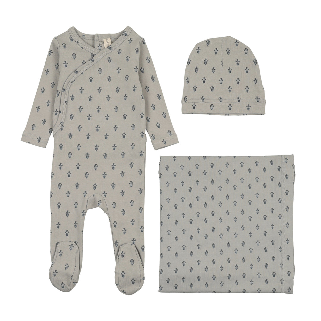 set footie marigold print with beanie and blanket - blue