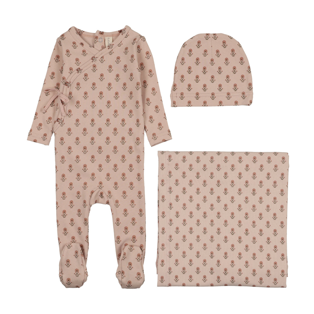 set footie marigold print with beanie and blanket - pink