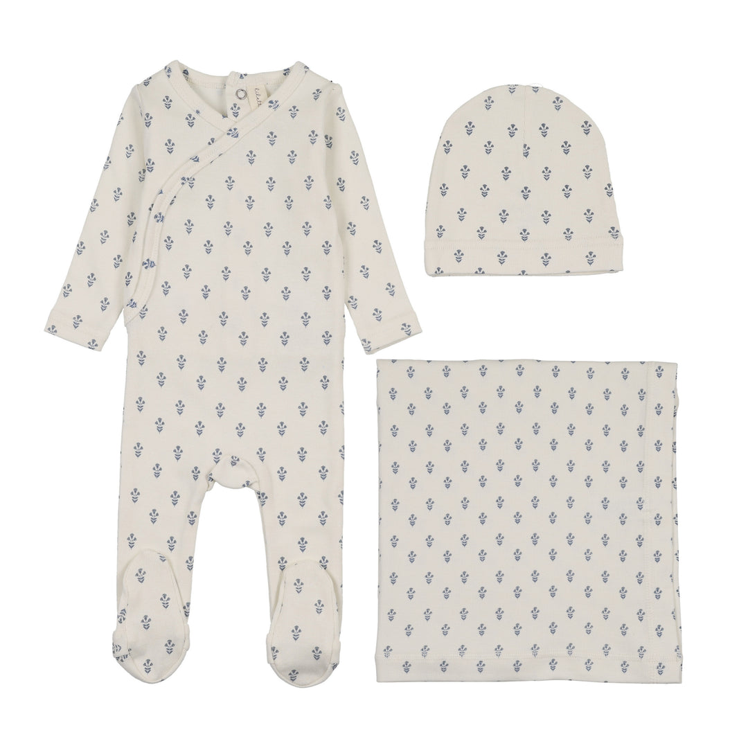 set footie marigold print with beanie and blanket - cream/blue