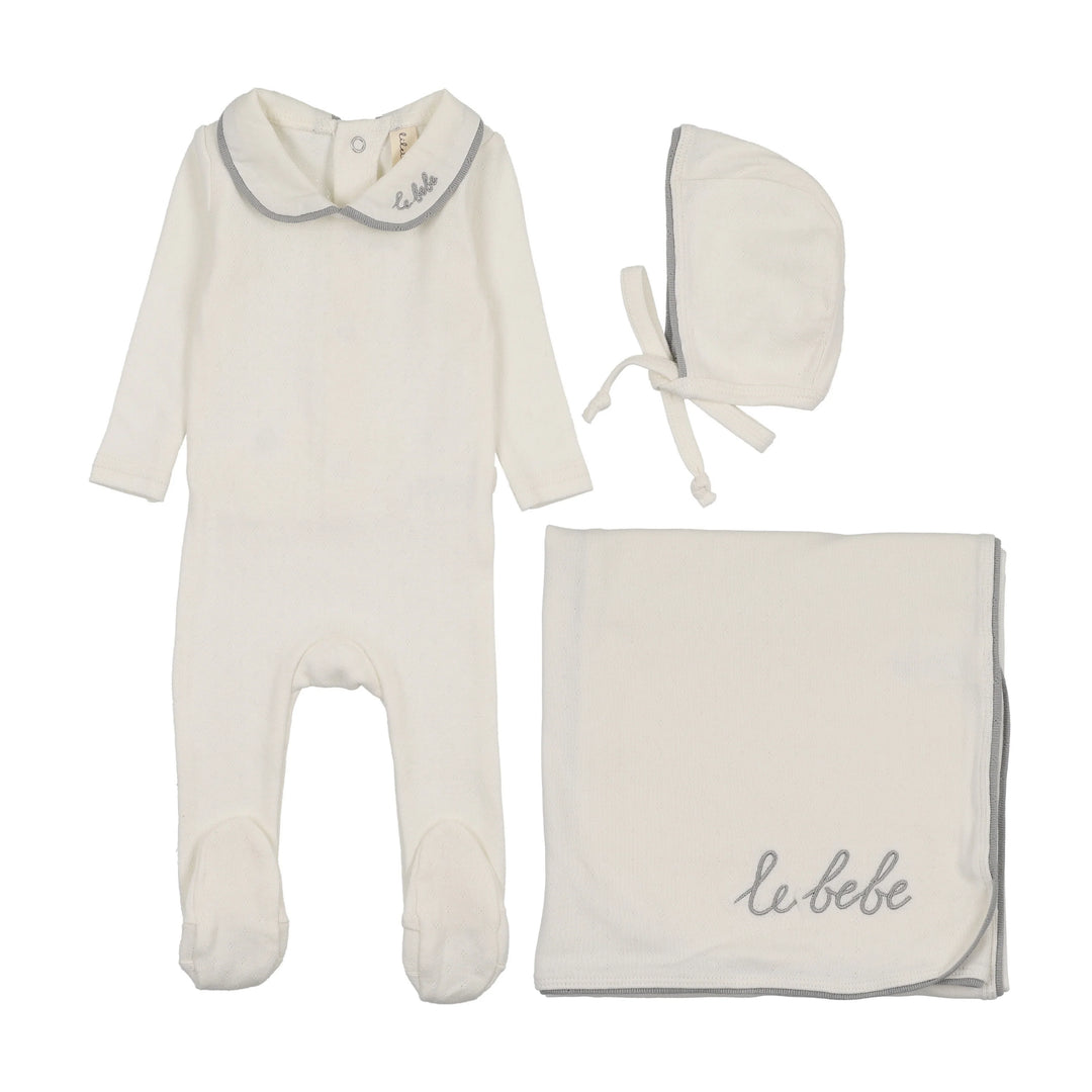 set footie le bebe pointelle with bonnet and blanket - cream/blue