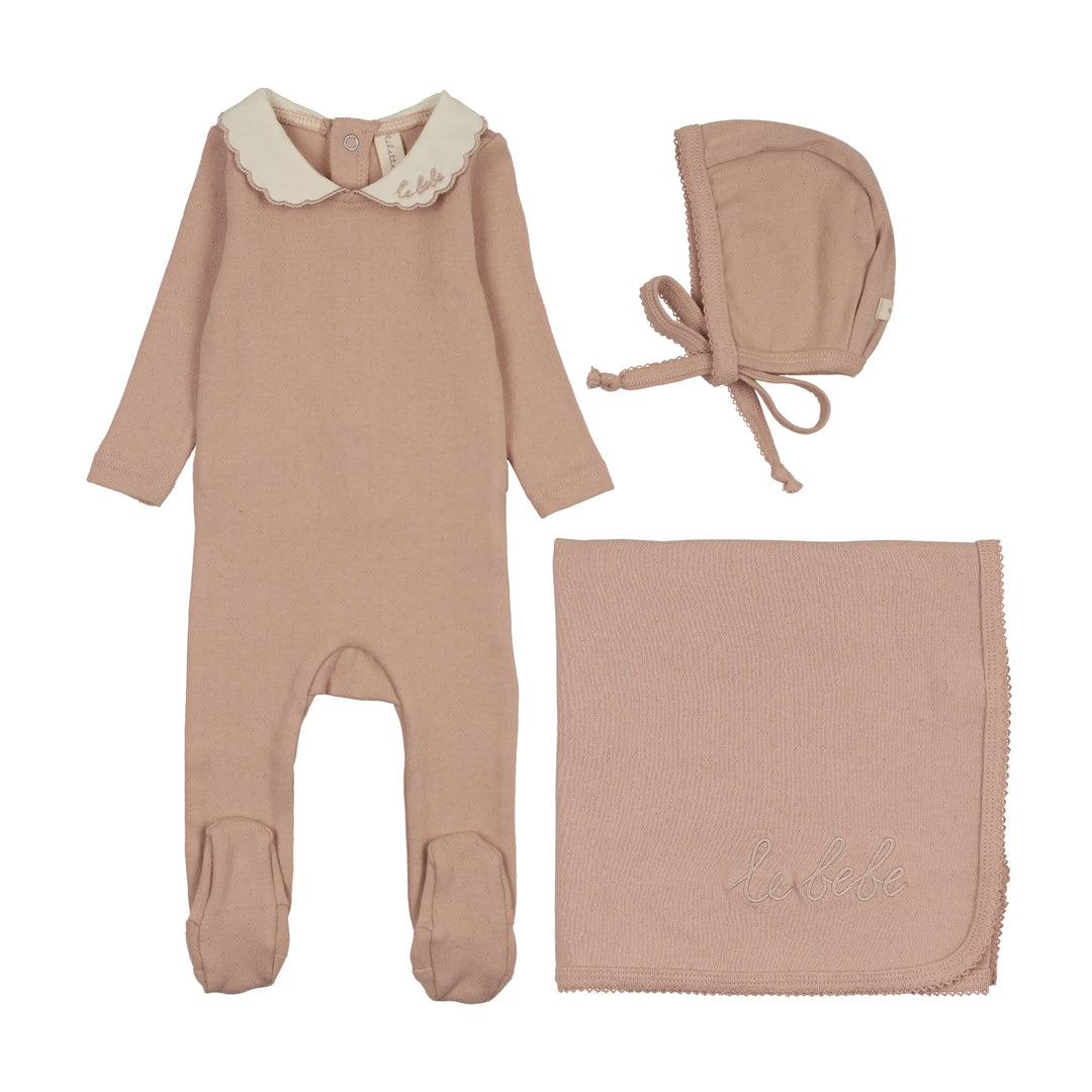 set footie le bebe pointelle with bonnet and blanket - dusty pink