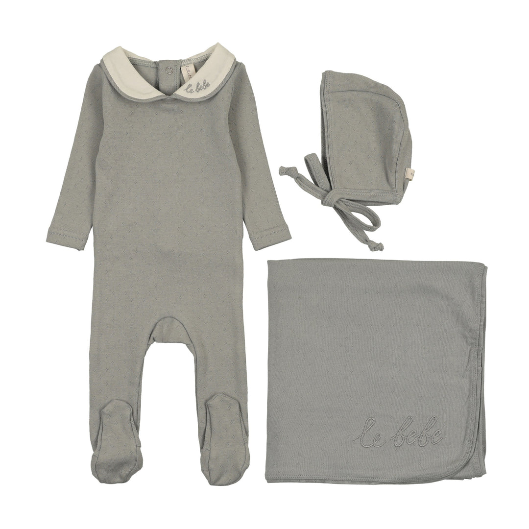 set footie le bebe pointelle with bonnet and blanket - light blue
