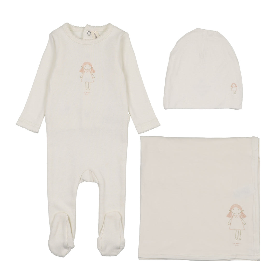 set footie molly dolly with beanie and blanket - cream