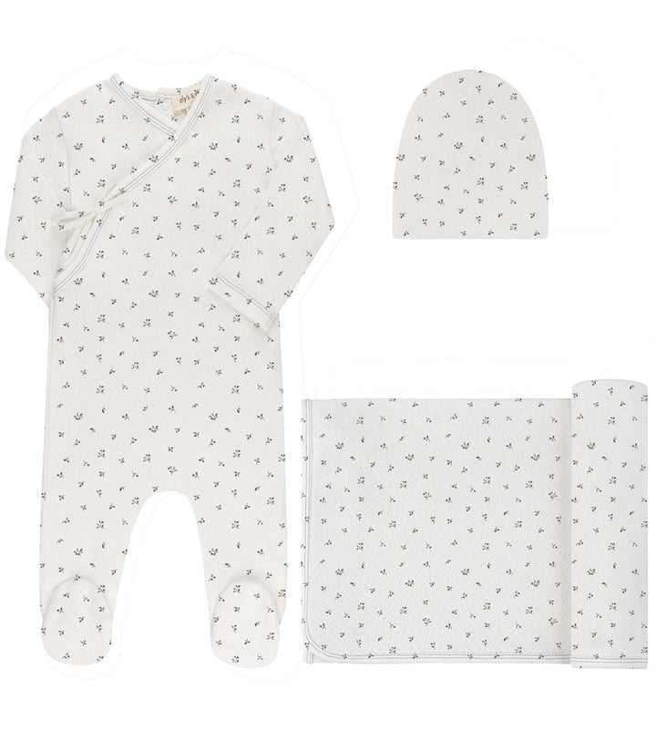 set footie floral print mock wrap with beanie and blanket - ivory/blue