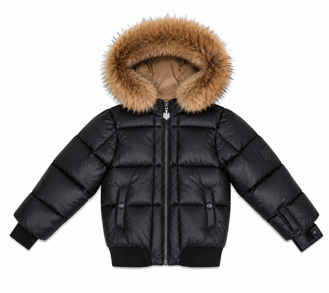 coat padded logo pocket with fur hood - black