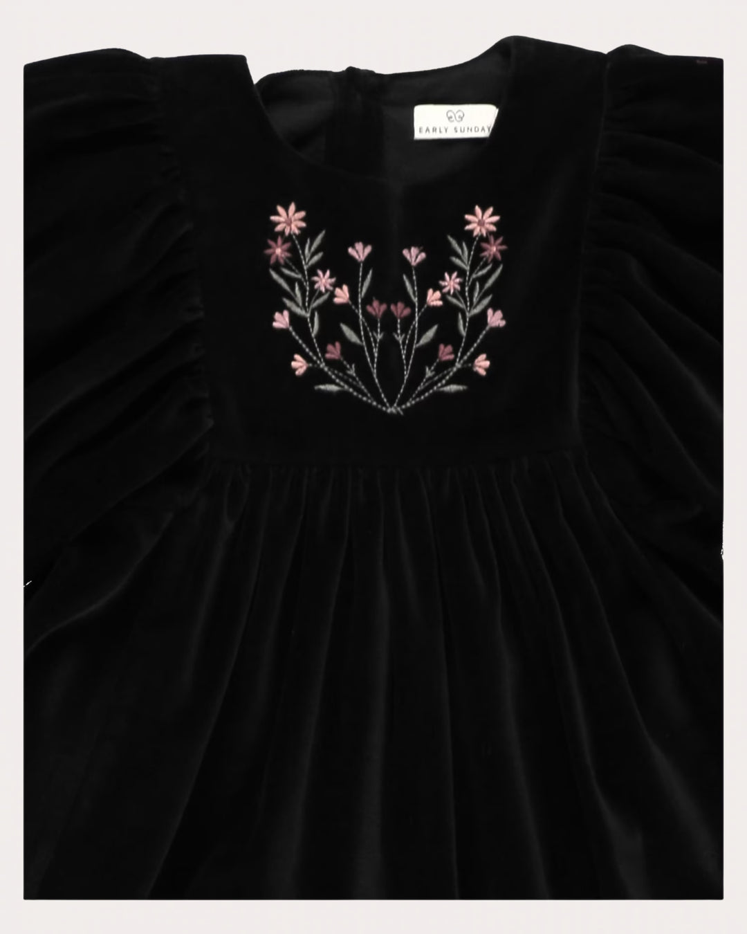 dress velour embroidered puff sleeve - black