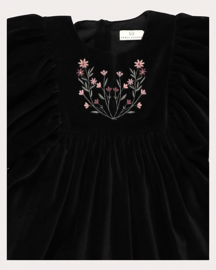 dress velour embroidered puff sleeve - black