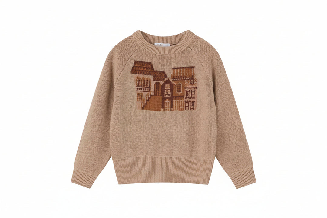 top l/s graphic knit sweater - tan