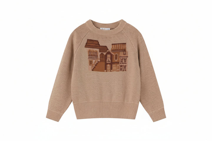 top l/s graphic knit sweater - tan