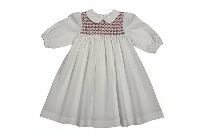 dress 3/4 sleeves stitch smocked with collar - white