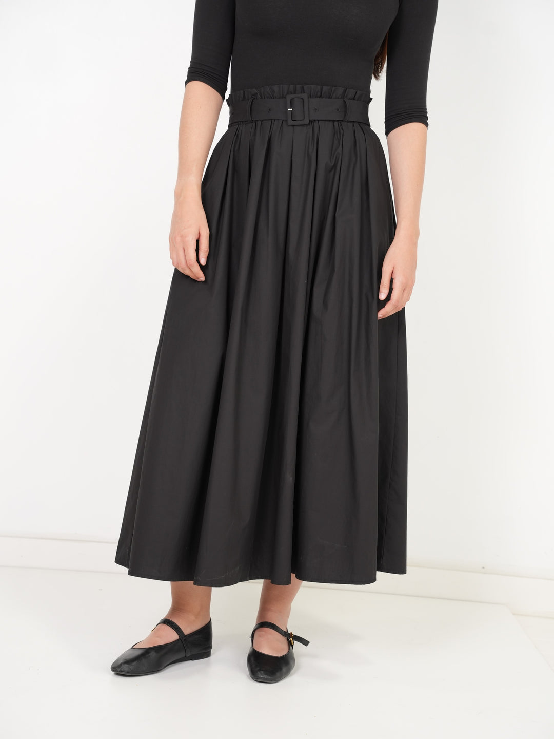 skirt midi gathered top with belt - black