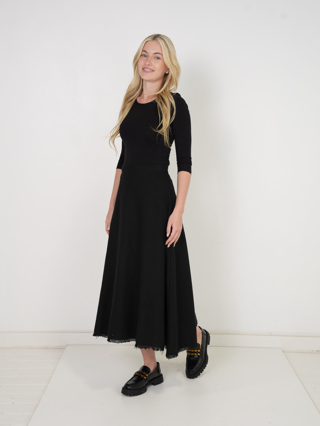skirt midi wool tweed - black
