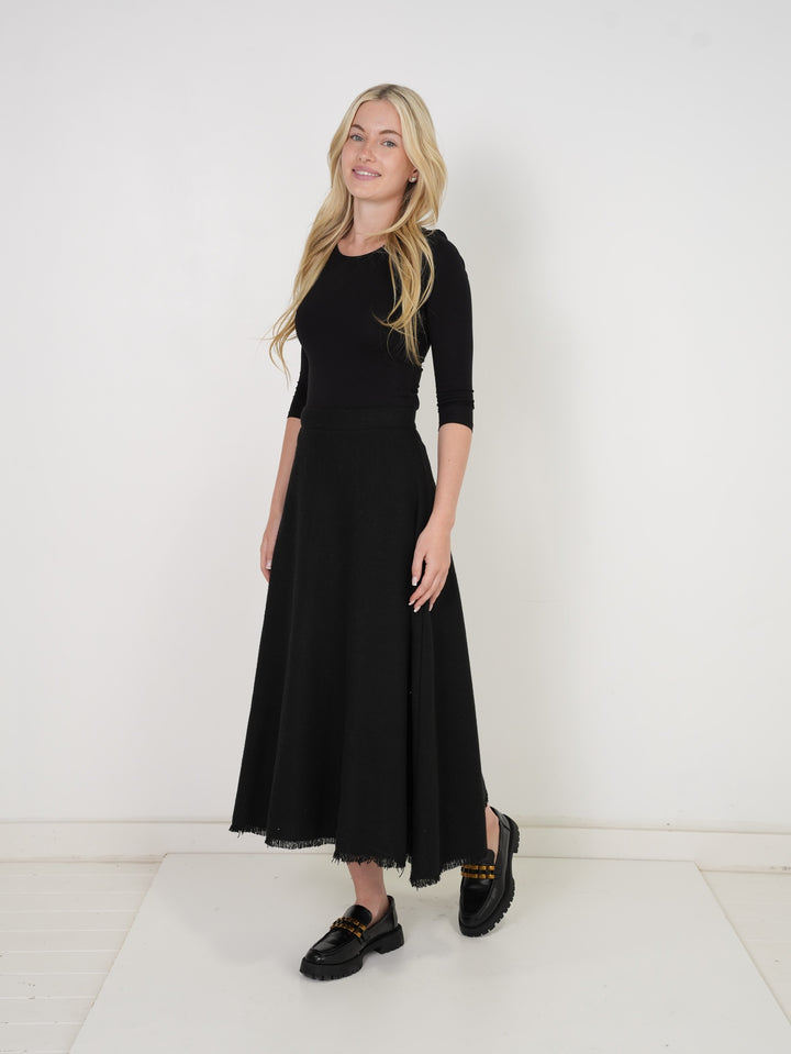 skirt midi wool tweed - black