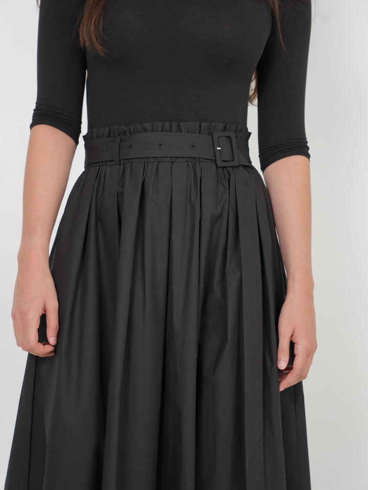 skirt midi gathered top with belt - black
