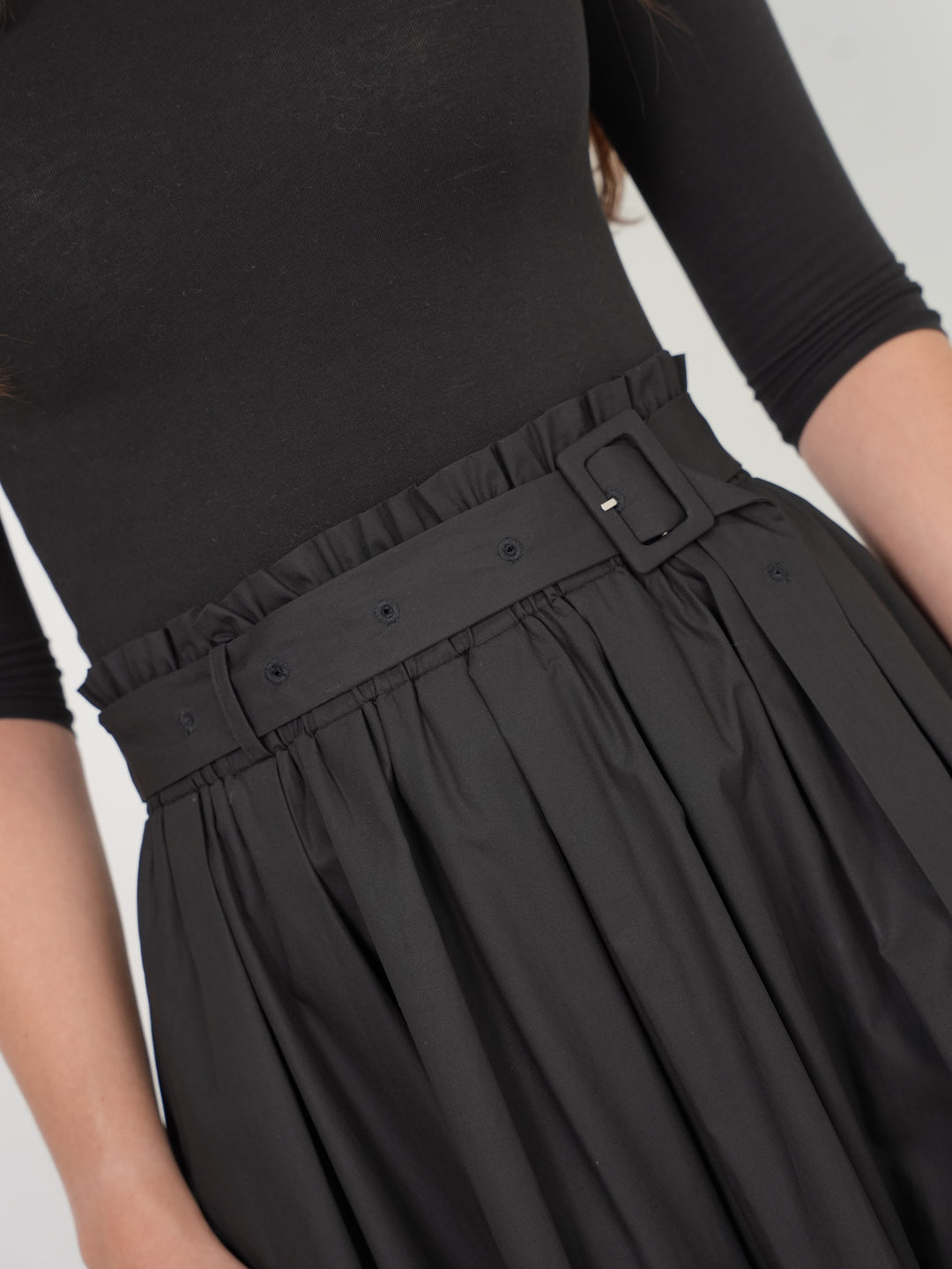 skirt midi gathered top with belt - black