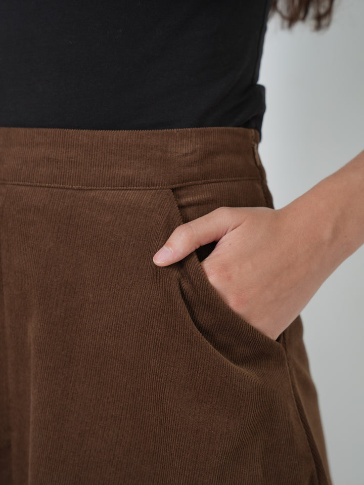 skirt midi a line corduroy with pockets - brown