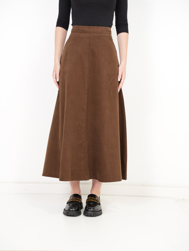 skirt midi a line corduroy with pockets - brown