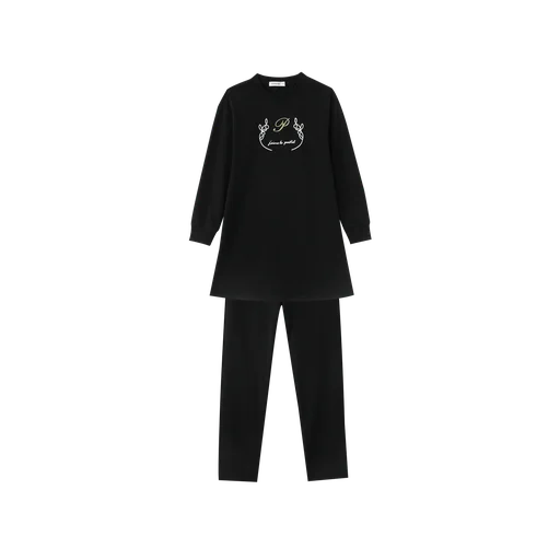 tunic set with center embroidery - black