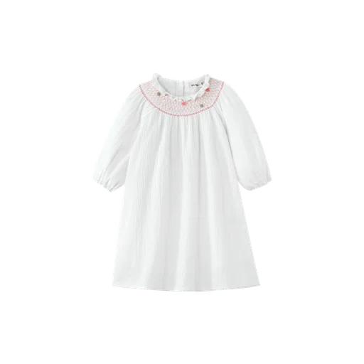 linen dress with floral smocking - white