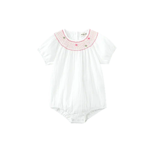 linen romper with floral smocking - white