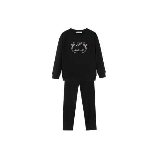pajama set with center embroidery - black