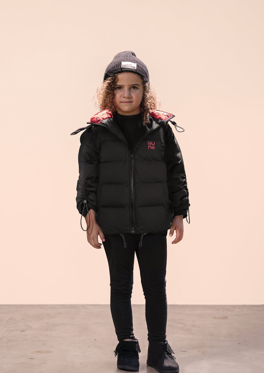 coat padded drawstring fringed piping detail with hood - black