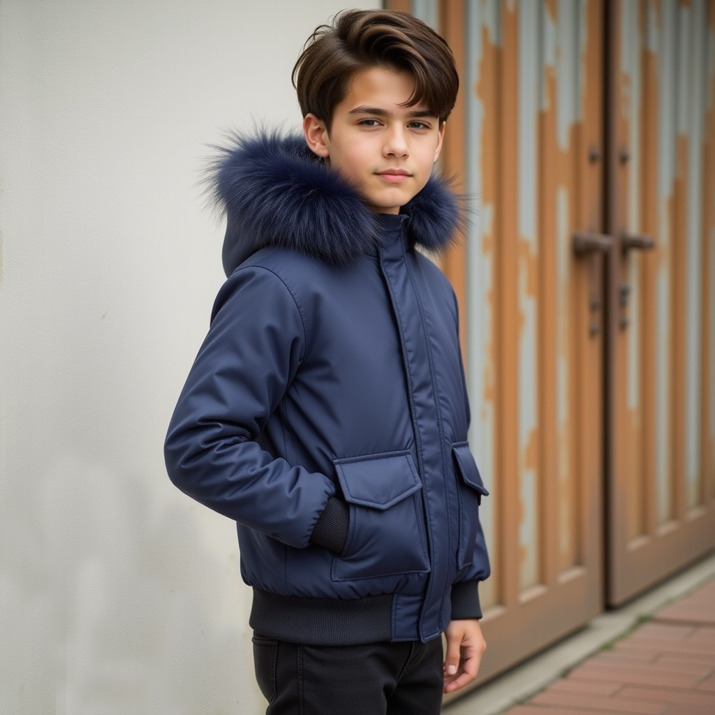 coat canvas bomber style with fur hood - navy