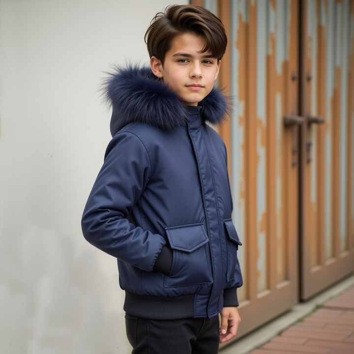 coat canvas bomber style with fur hood - navy