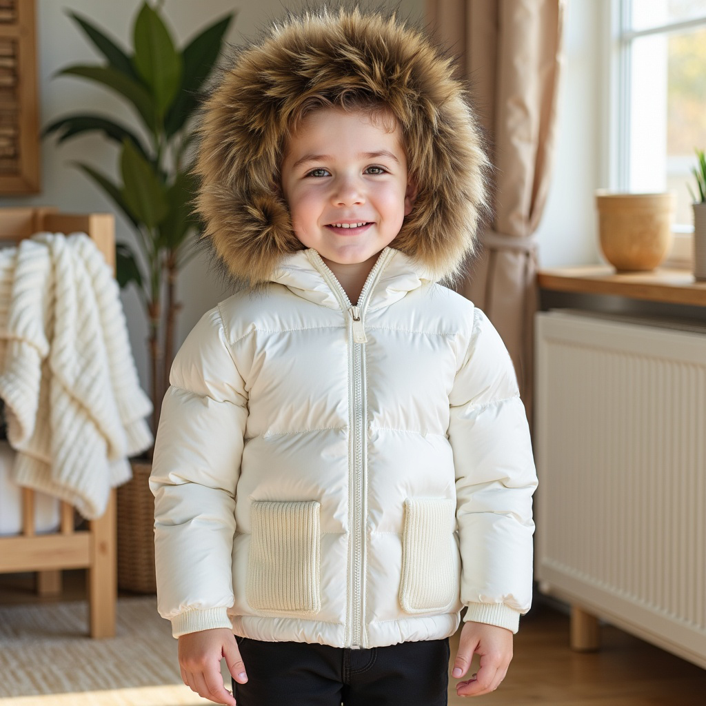 coat knit pockets with fur hood - ivory