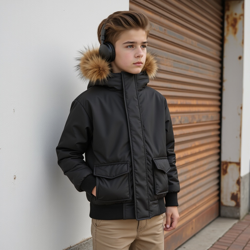 coat canvas pocket bomber style with fur hood - black