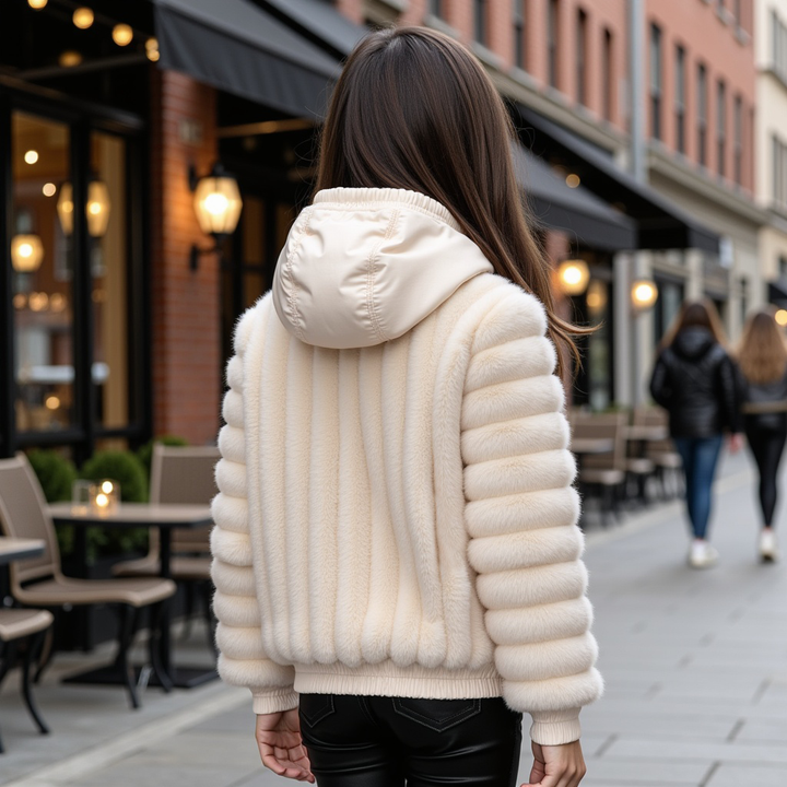 coat diagnal fur with hood - ivory