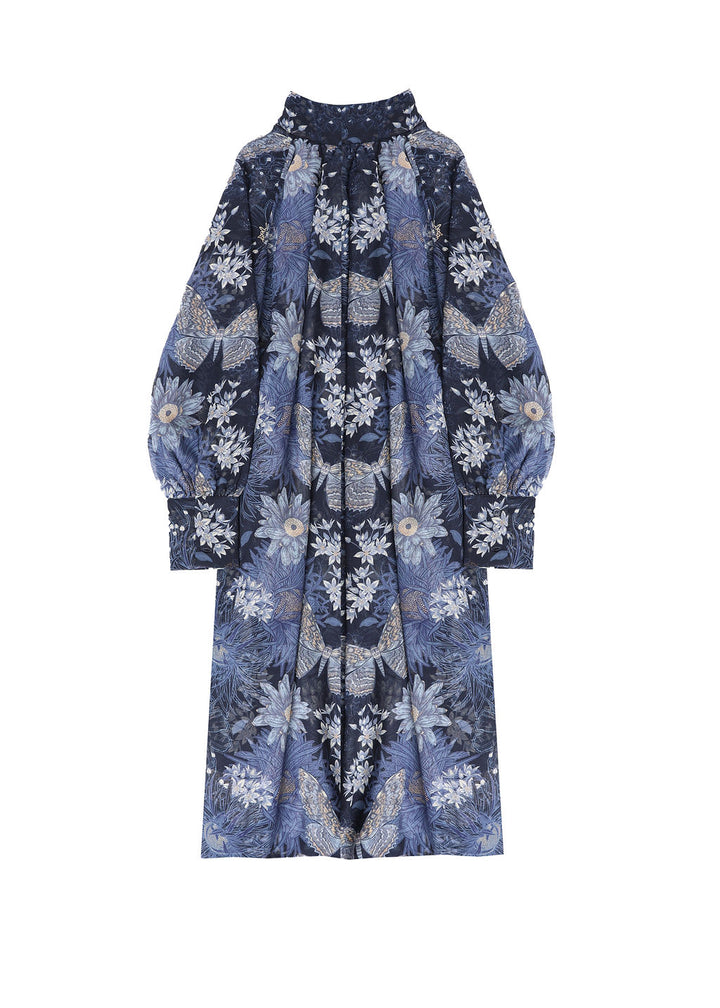 dress butterfly floral printed turtleneck chiffon - blue print