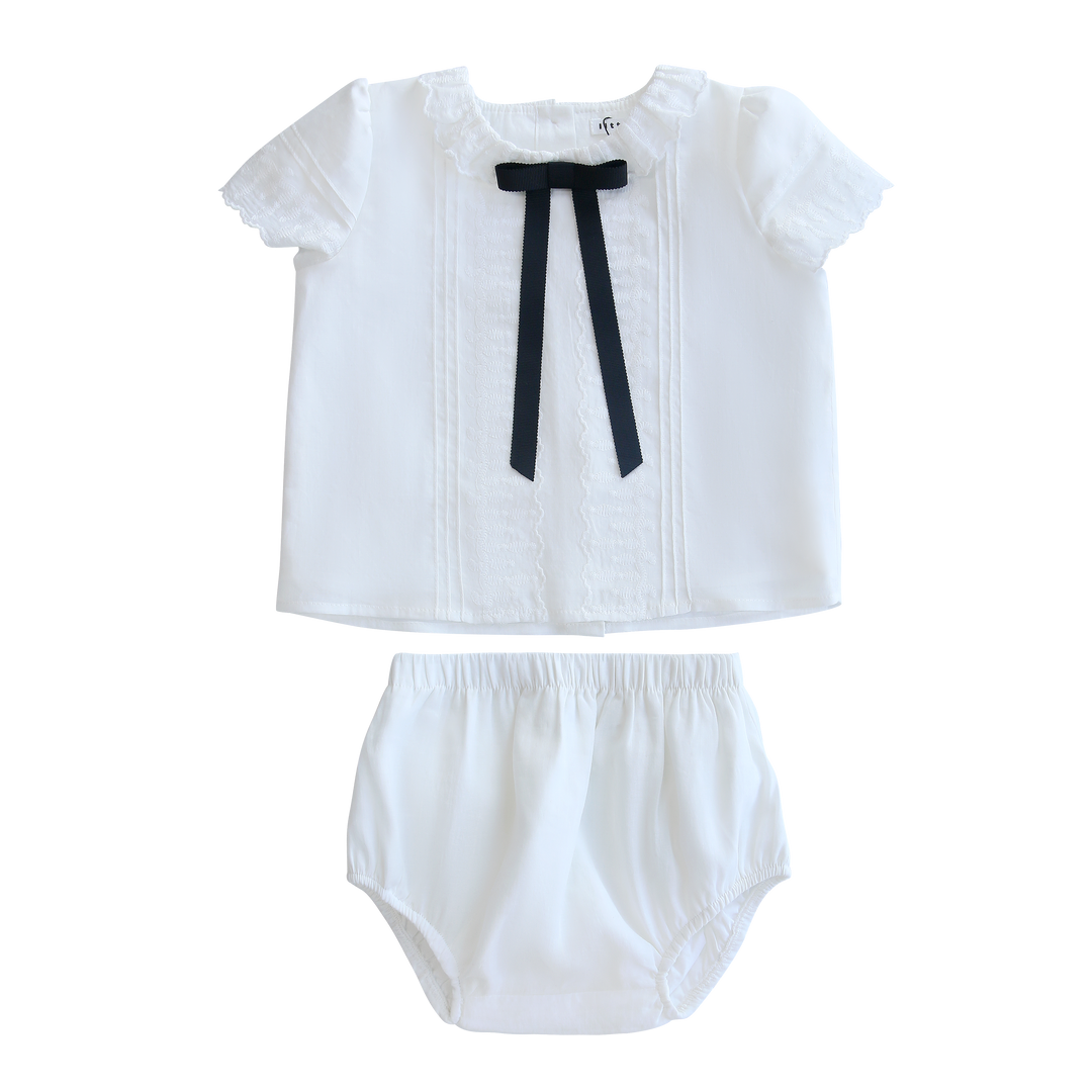set outfit top ss evening bow with bloomer - white