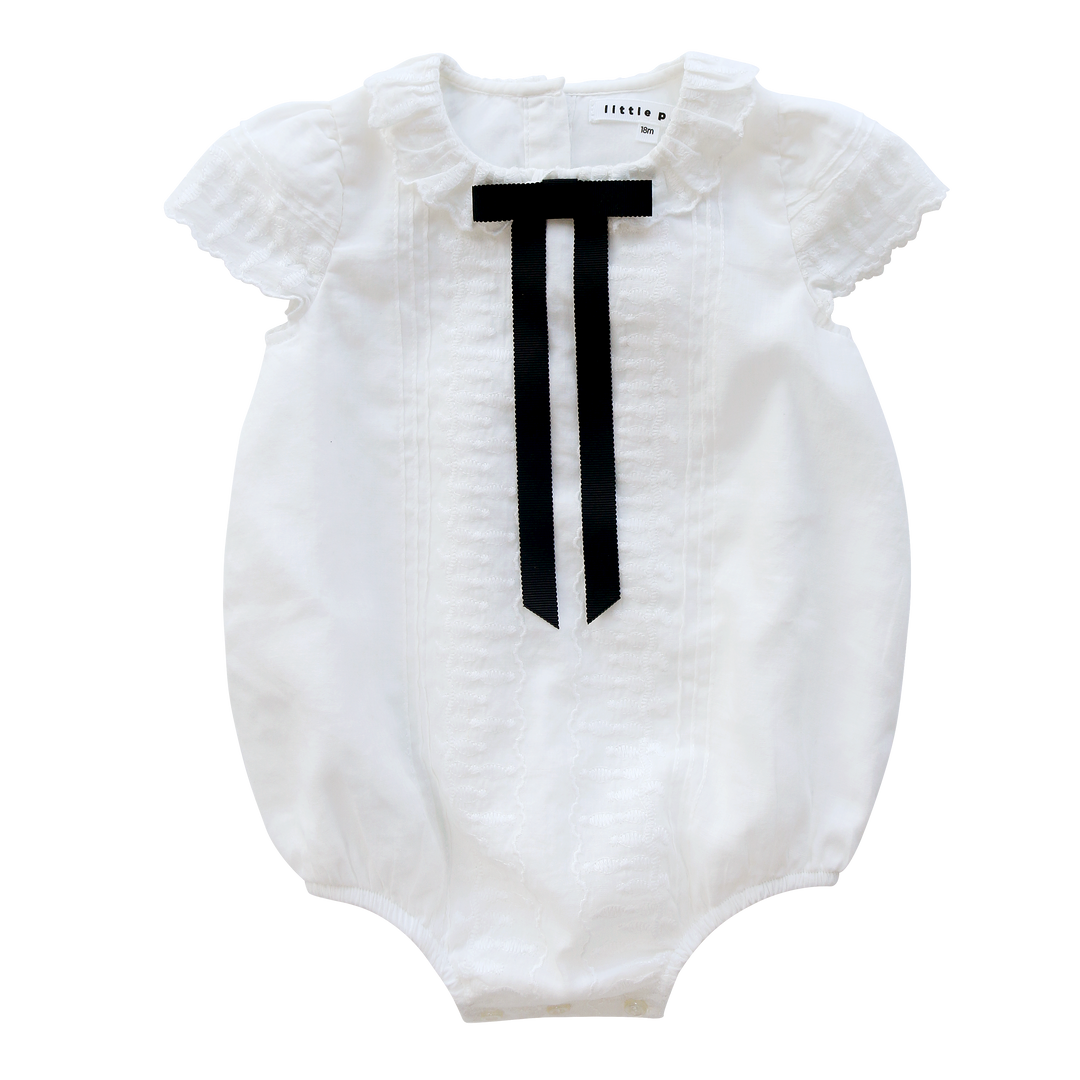 one piece evening bow bubble romper with bonnet - white