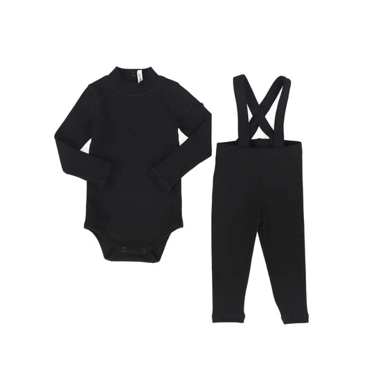 set outfit logo patch turtleneck onesie and overalls - black