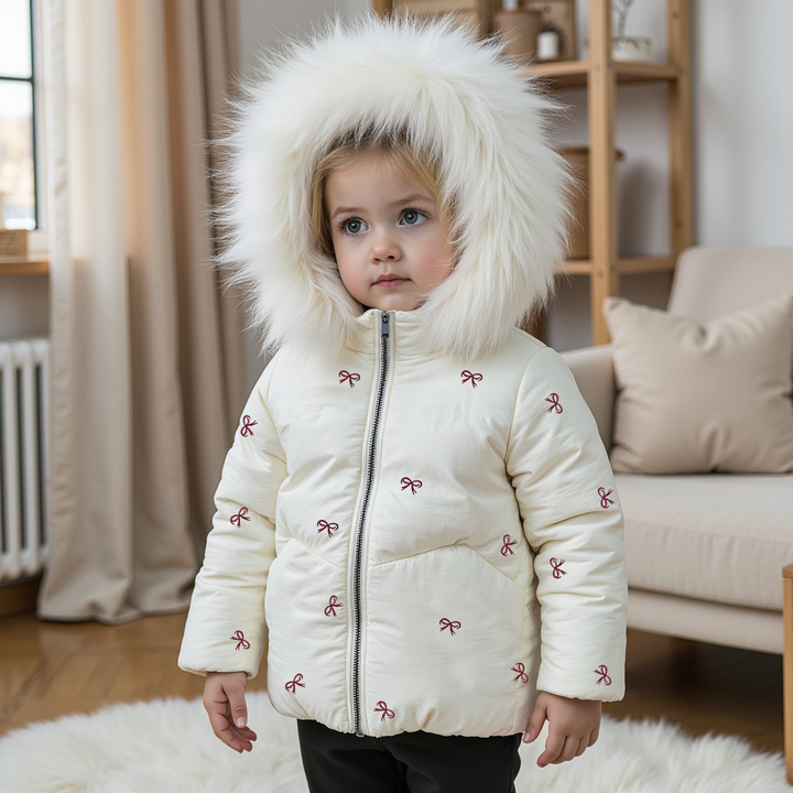 coat bow print with fur hood and mittens - ivory
