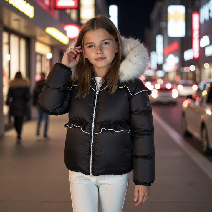 coat ruffled with white fur hood - black