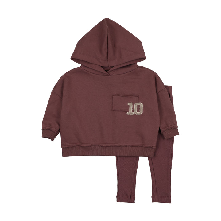set outfit frayed edge hooded sweatshirt and leggings - mauve