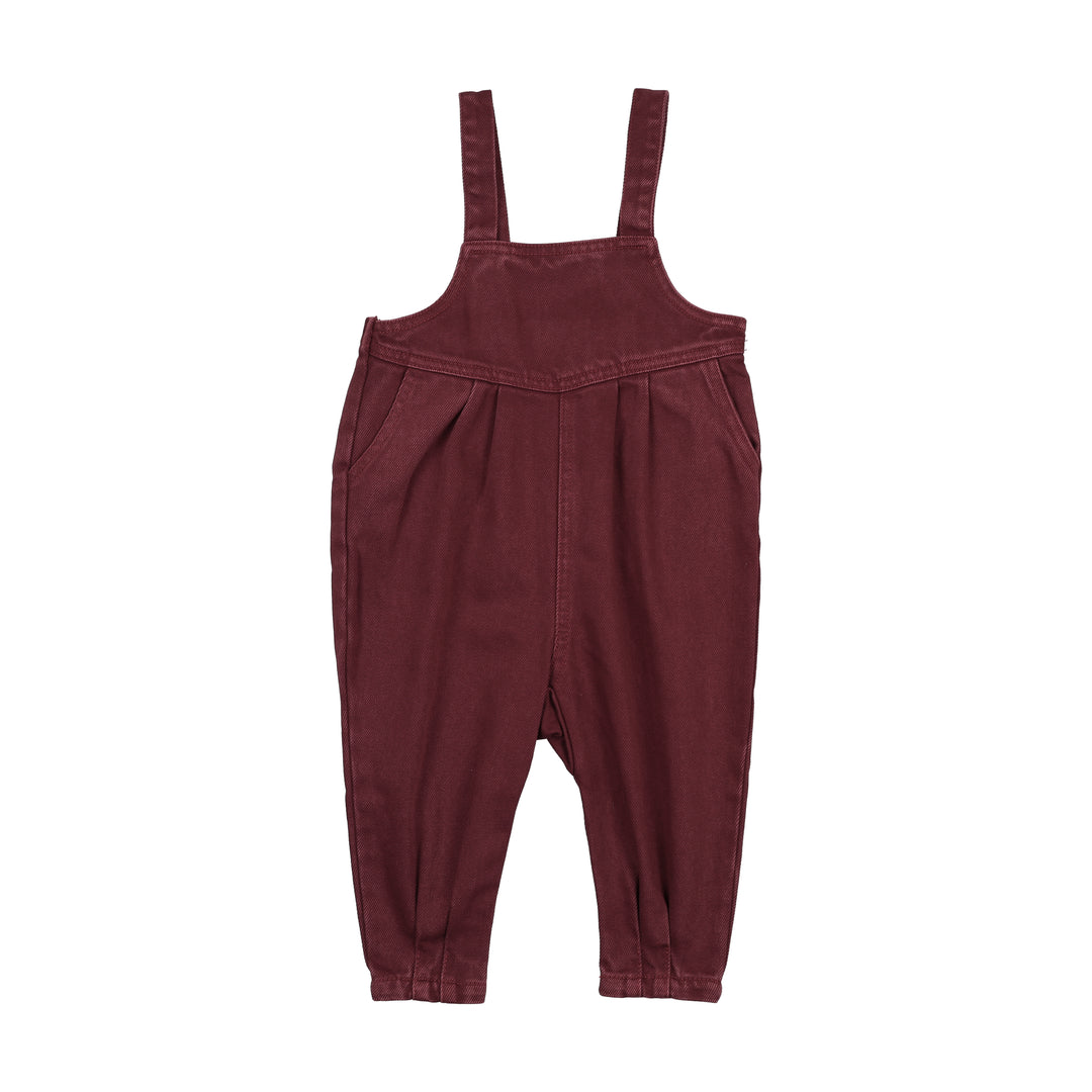 one piece denim long overalls - washed burgundy