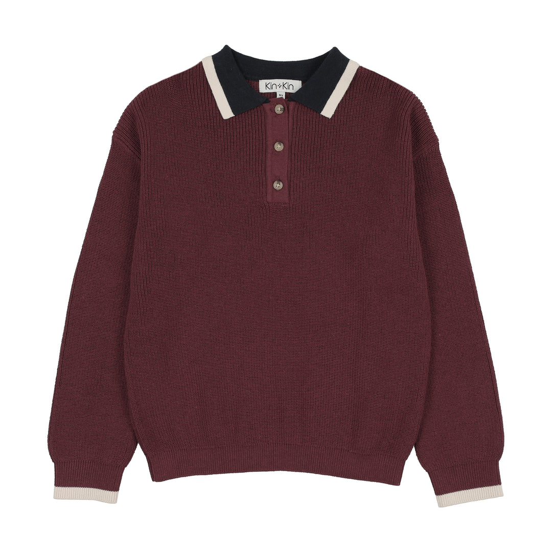 polo l/s cable knit sweater - burgundy/navy