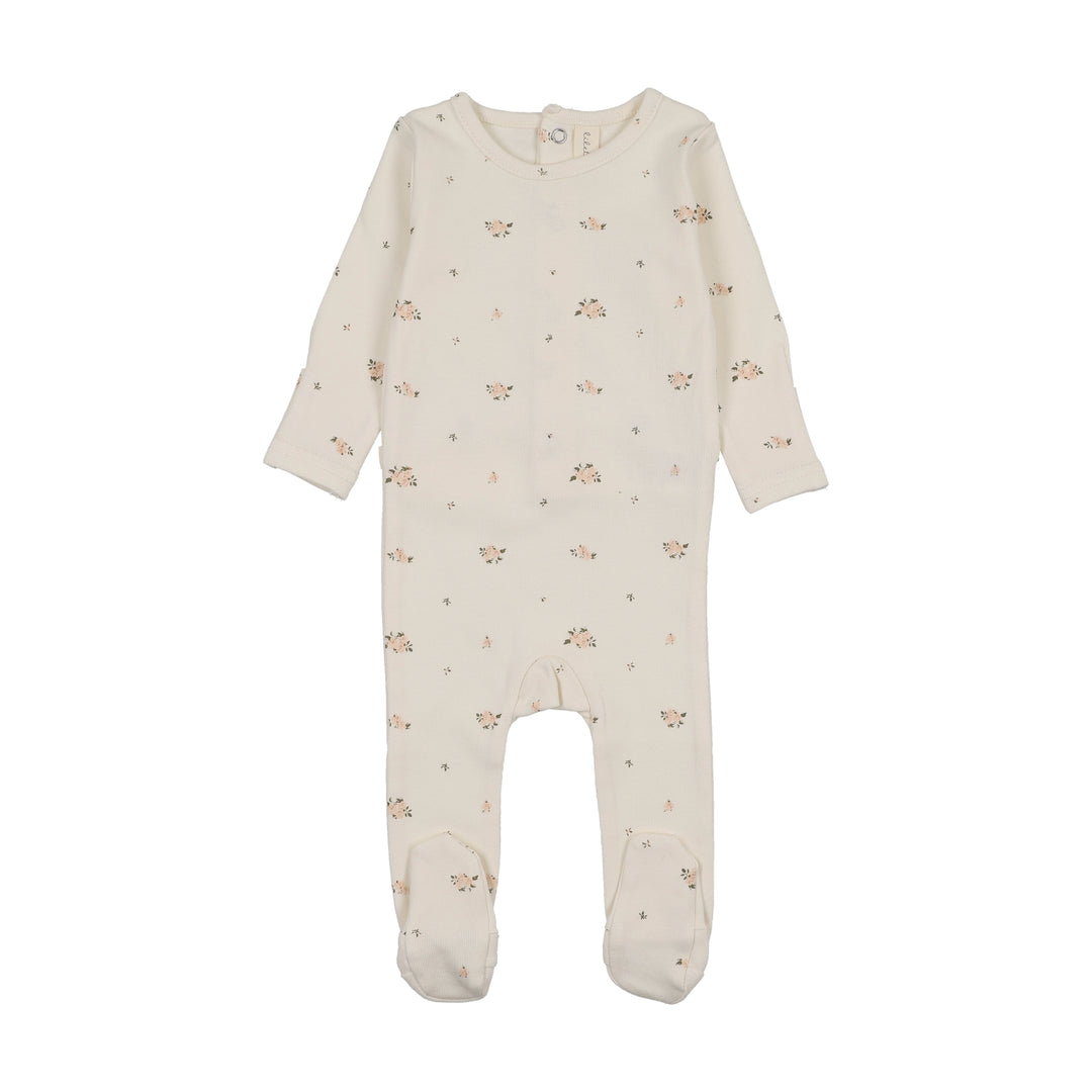footie rosebud print - cream/pink