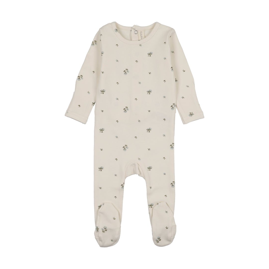 footie rosebud print - cream/blue