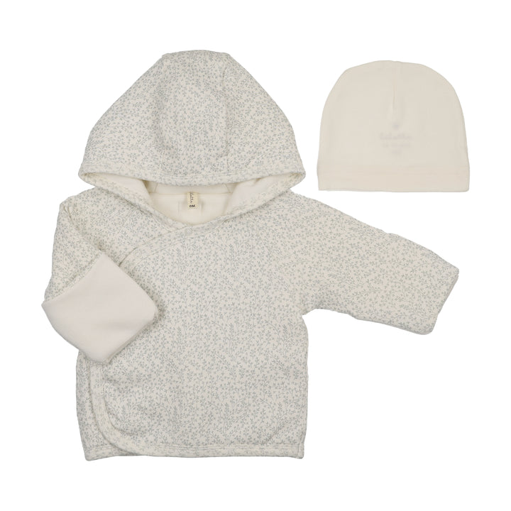 jacket leaf trail quilted wrap with beanie - cream/blue