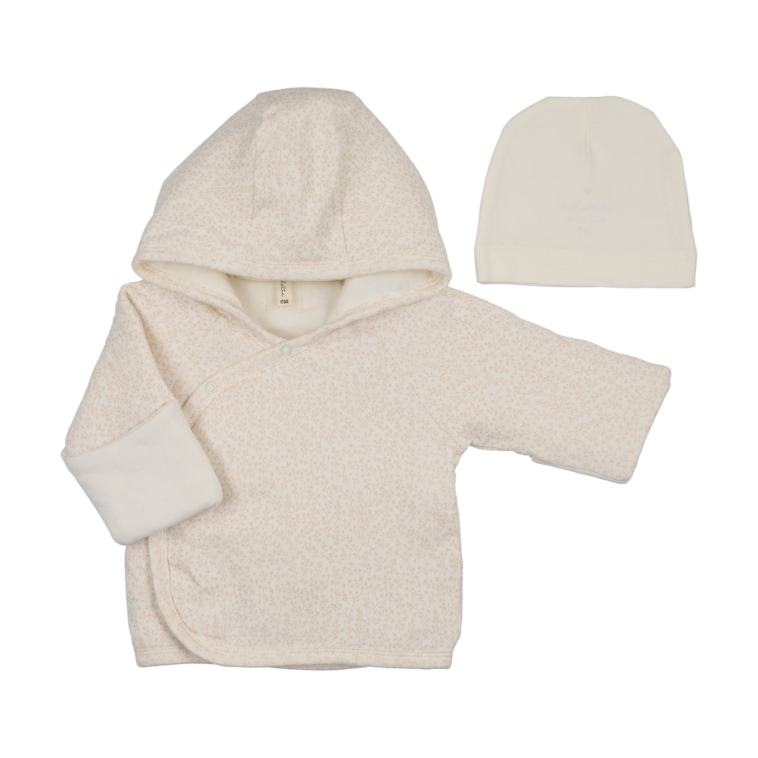 jacket leaf trail quilted wrap with beanie - cream/pink